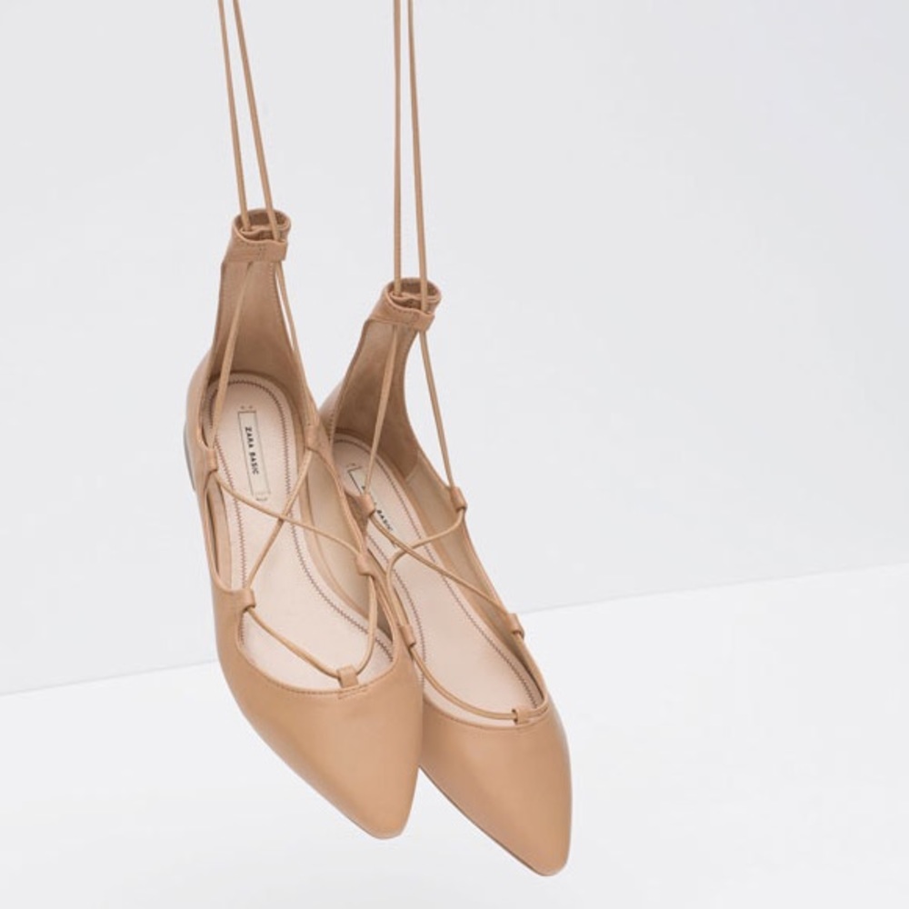 Zara tie up leather ballerina flats natural sz37