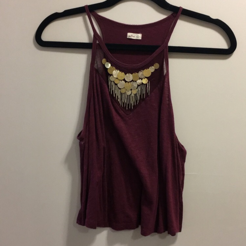 Maroon tank with neckline embellishments