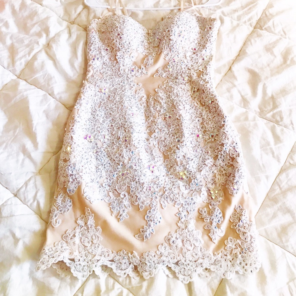 Angela & Alison Nude Beaded Strapless Dress
