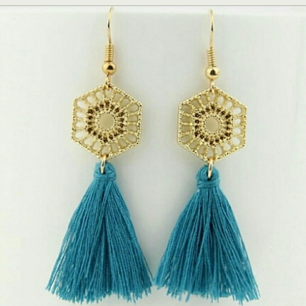 SALE!! Gold Boho Pink Tassel Earrings - Picture 2 of 3