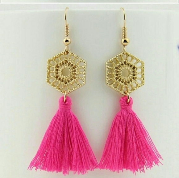 SALE!! Gold Boho Pink Tassel Earrings - Picture 3 of 3