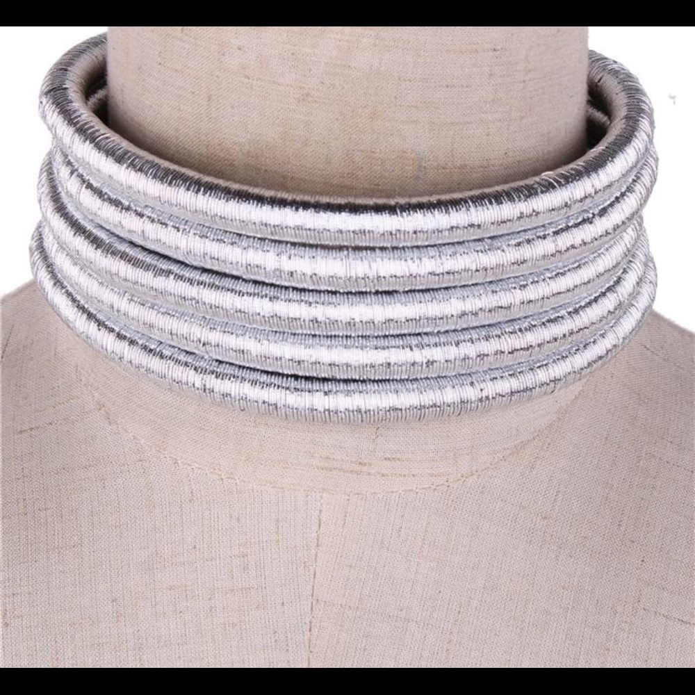 Silver 5 Cord Metallic Choker and Bracelet Set
