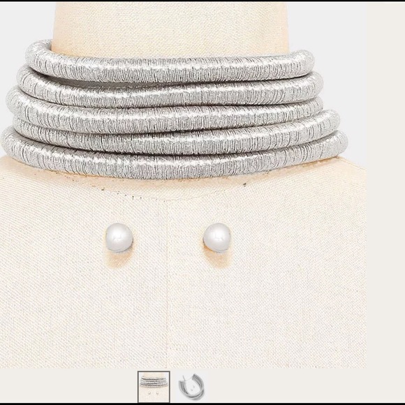 Silver 5 Cord Metallic Choker and Bracelet Set - Picture 2 of 4
