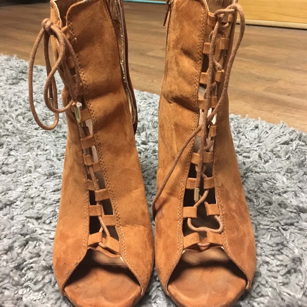 Tan suede tie-up heels