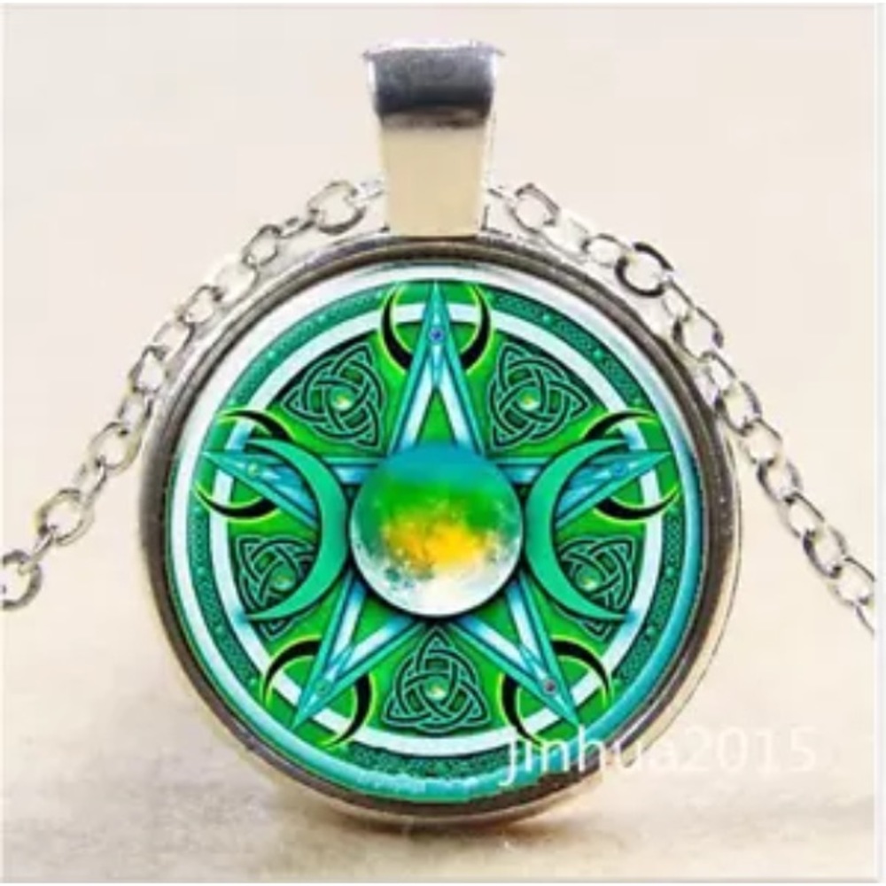 Triple Moon Goddess Pentagram Pendant Set