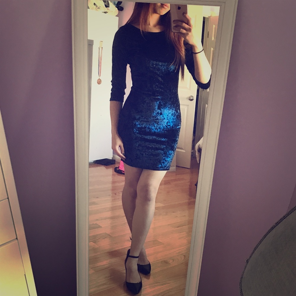 Charlotte Russe Bodycon Blue Velvet Dress Sz XS