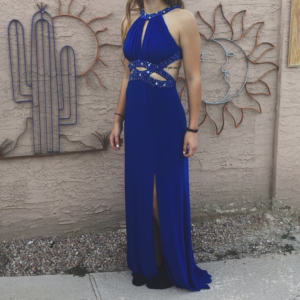 DILLARDS ROYAL BLUE STRAPPY STUDDED PROM DRESS
