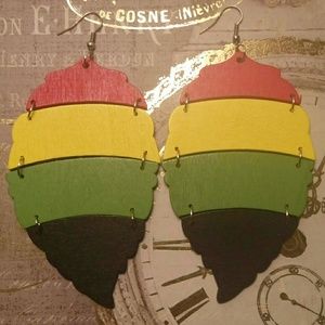 Jamaica Rasta Leaf Drop 4" Dyed Wooden Earrings
