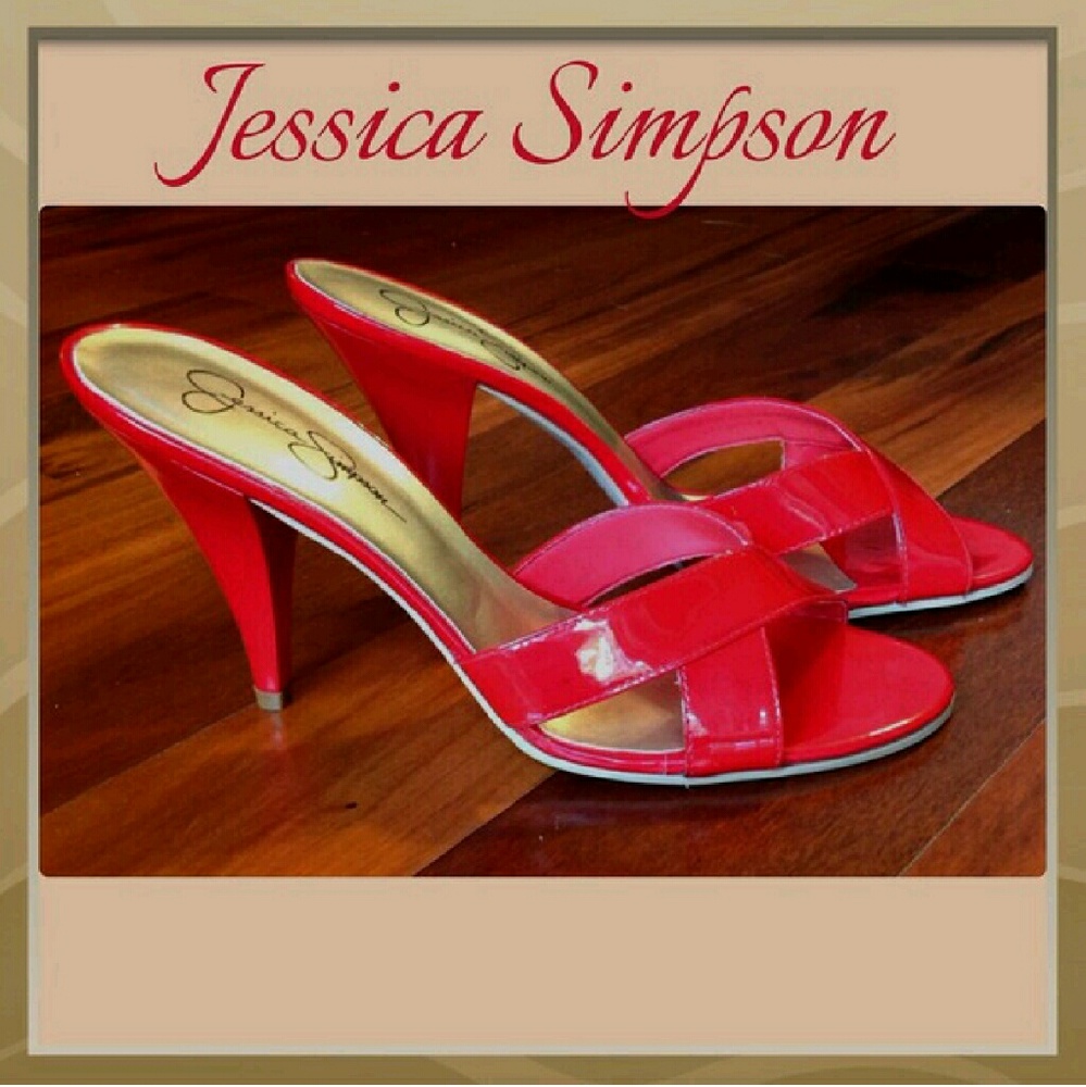 Jessica Simpson red patten slides.