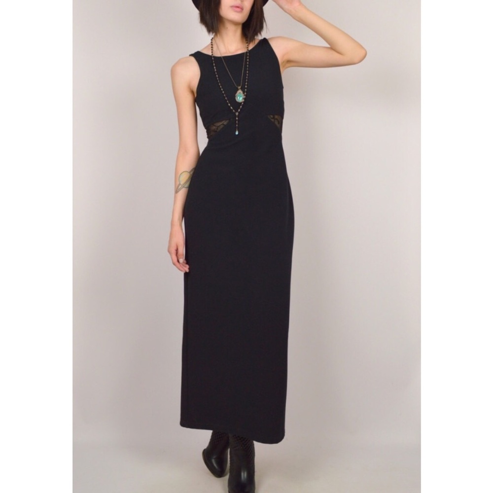Vintage 1990s Black Grunge Mesh Cutout Maxi Dress Y2K Witchy Woman
