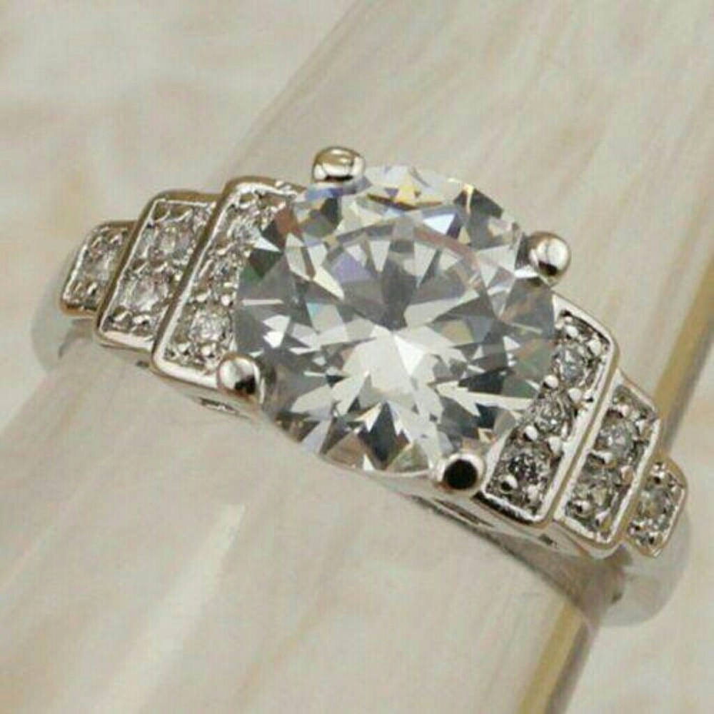 Round CZ Ring, 4.8ct, Baguette, White Gold Filled