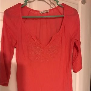 3/4 length blouse with embroidered neckline detail