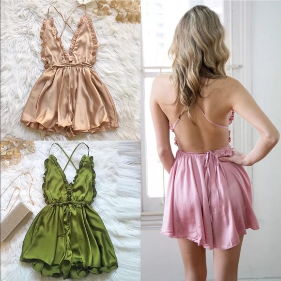 Drop Champagne Satin Backless Romper - Picture 3 of 6