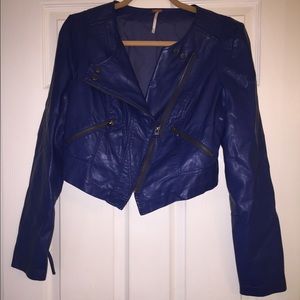 Free People Cropped Blue Faux Leather Jacket