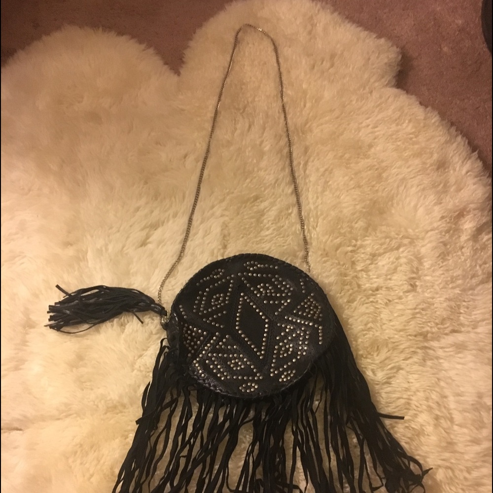 Beautiful black leather studded fringe bag