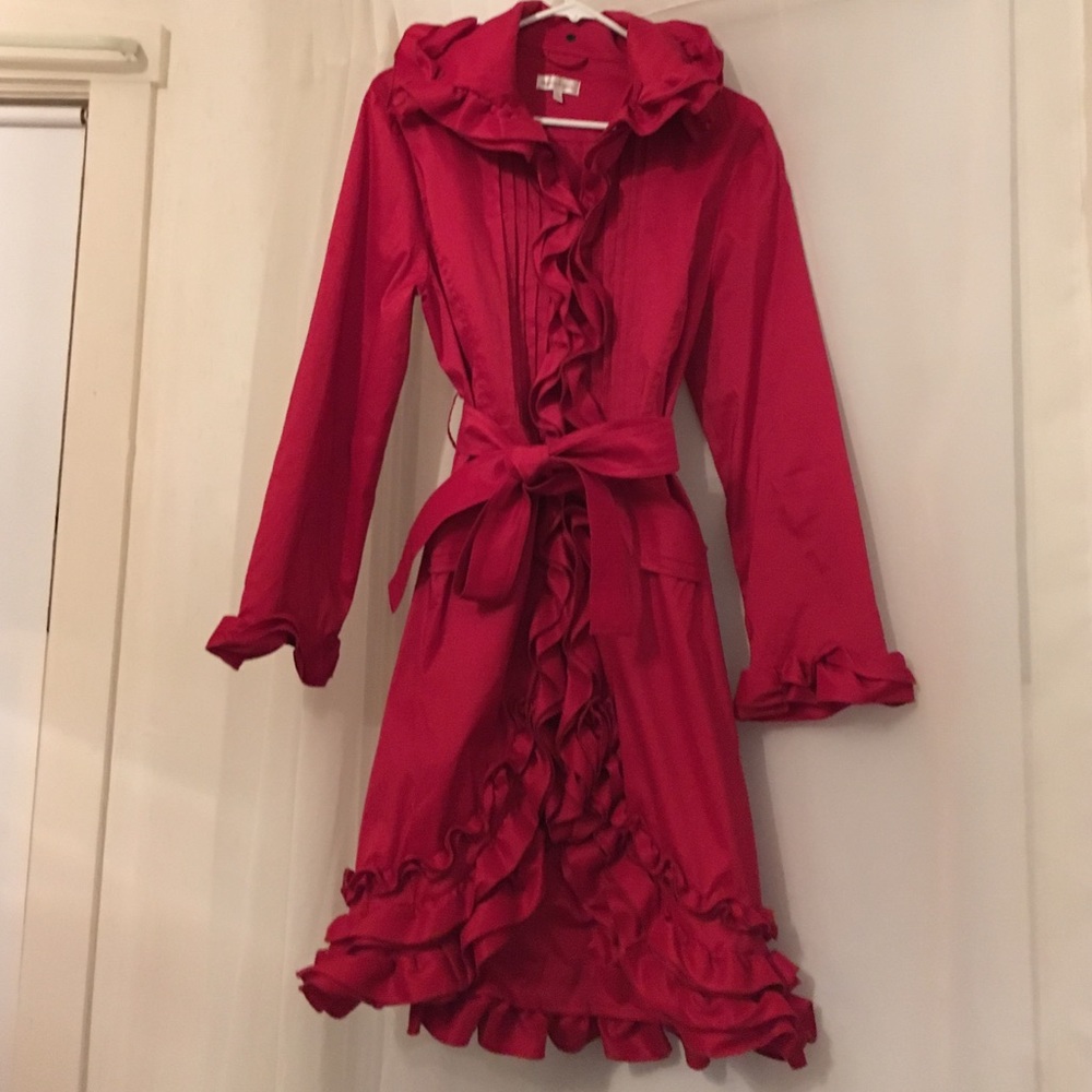 Small red ruffled trench rain jacket