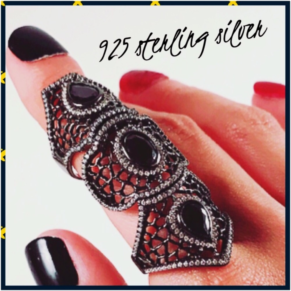 Sterling silver black white cz armor knuckle ring