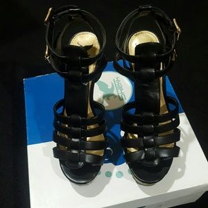 SHIEKH Black Double Strap Platform Ankle Heel