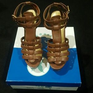 SHIEKH Tan Double Strap Platform Ankle Heel