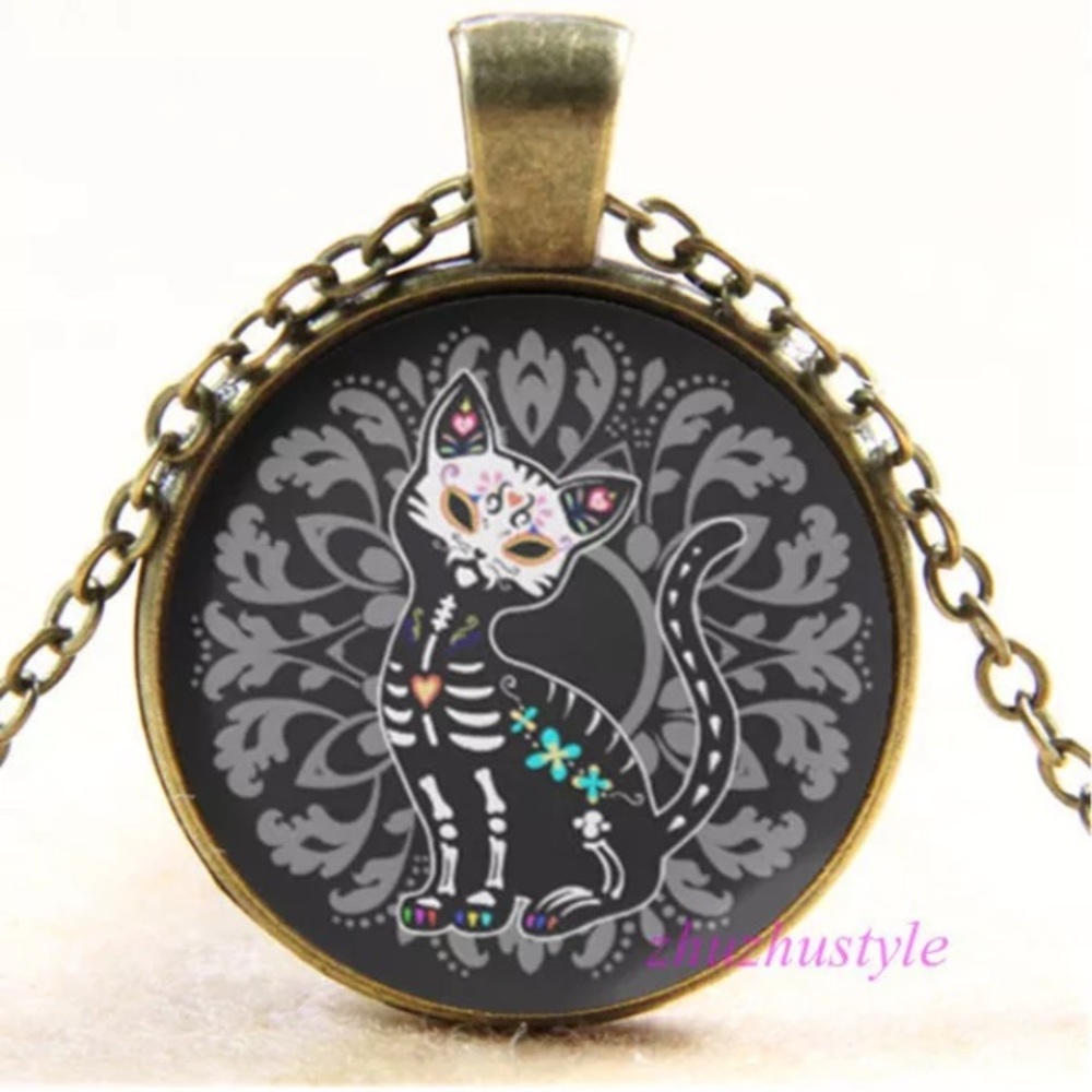 Gothic Skeleton Sugar Skull Cat Pendant Set