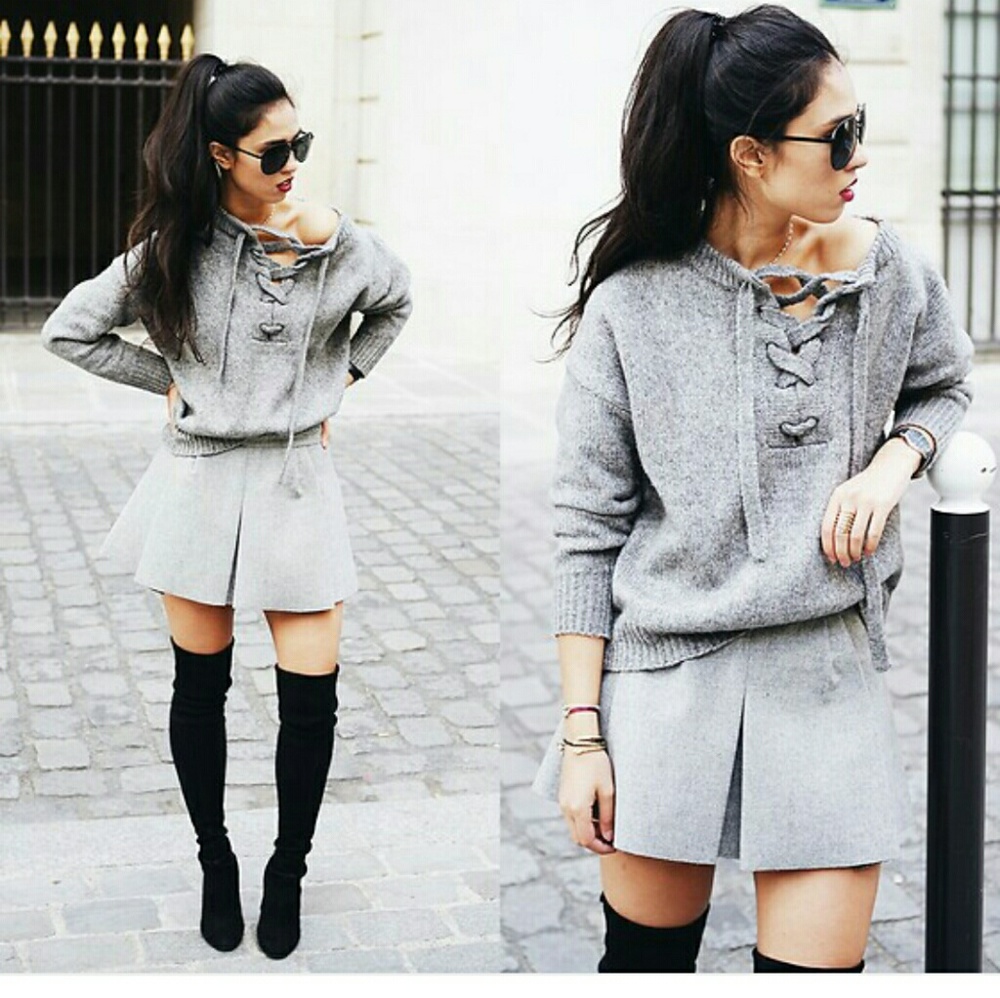 Grey Oversized Lace Up Sweater