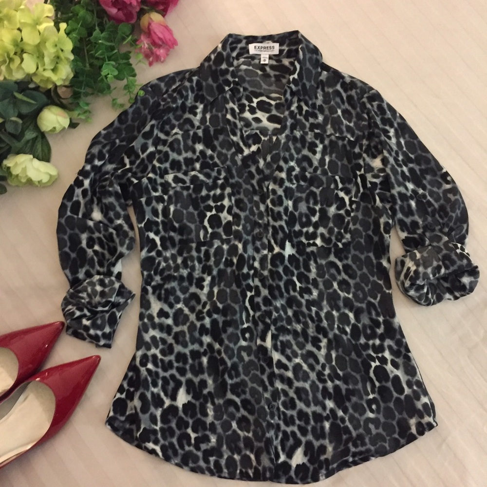 Express Leopard Print Button Down Blouse