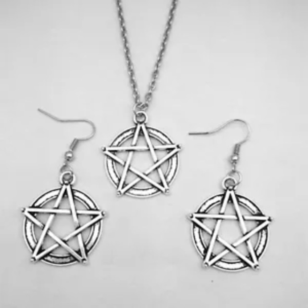 New Age Pentacle Earrings & Necklace Silver Toned