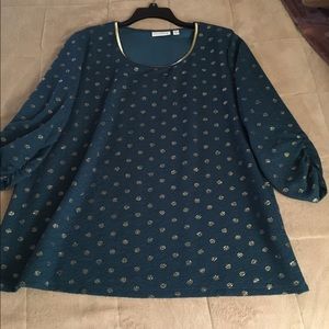 Susan Graver teal and gold polka dot top