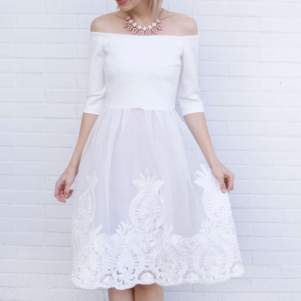 Off The Shoulder Midi Lace Detail Dress - White