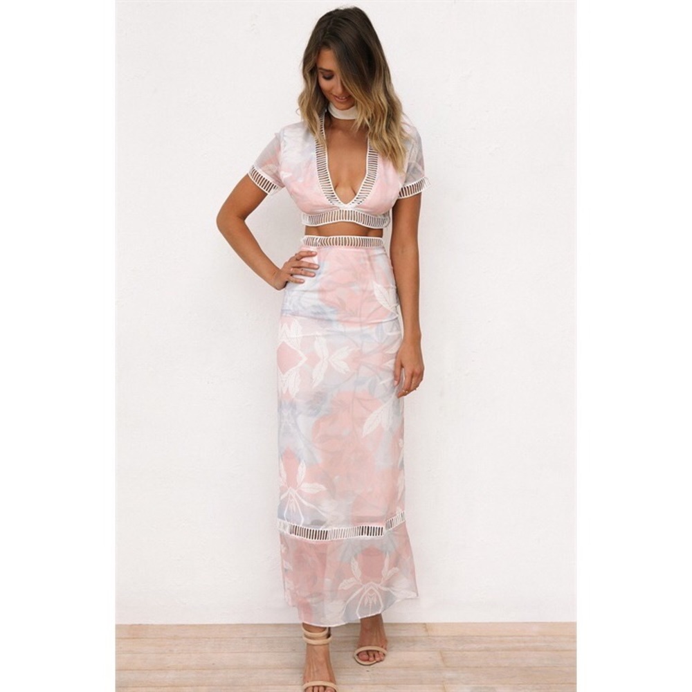 New pink floral set - skirt + crop top - Picture 2 of 8