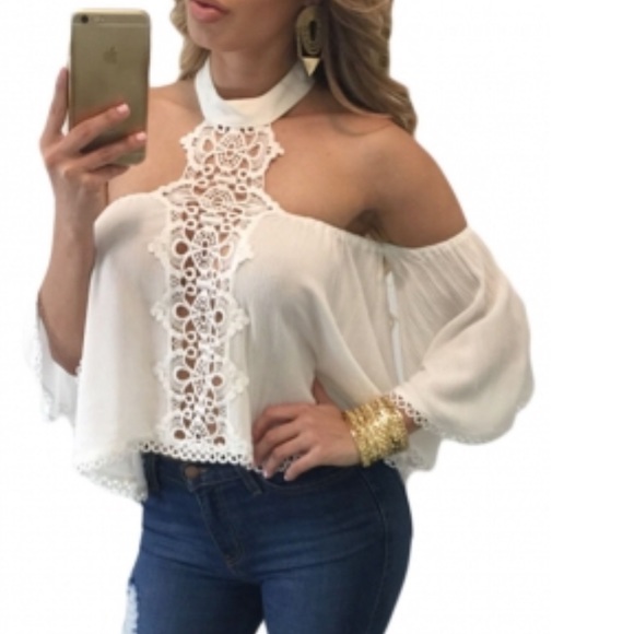 Tops - White boho crochet off shoulder top small NWOT