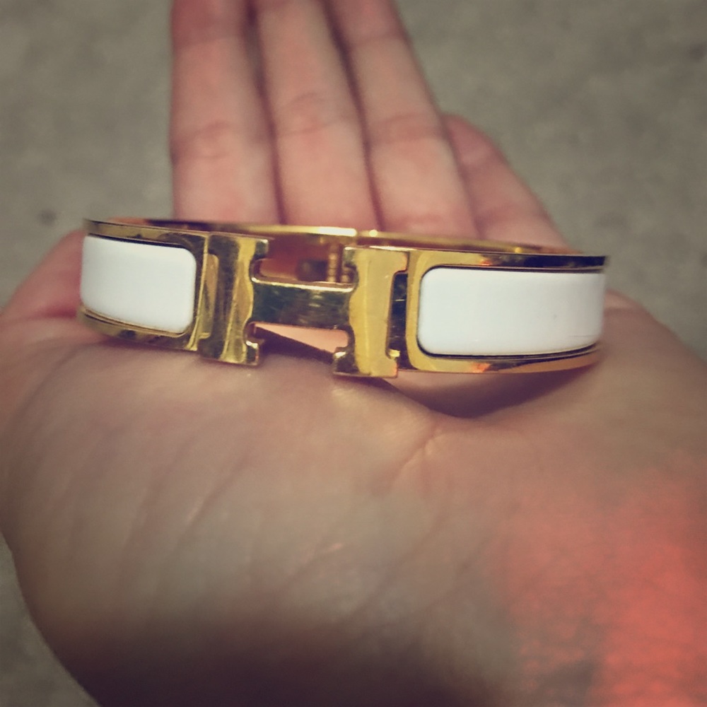 Gold Hermes Clic H Bracelet- white enamel