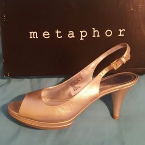 Gold sling back open toe pumps
