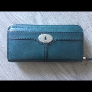 Fossil leather "maddox" wallet teal, key hole rare