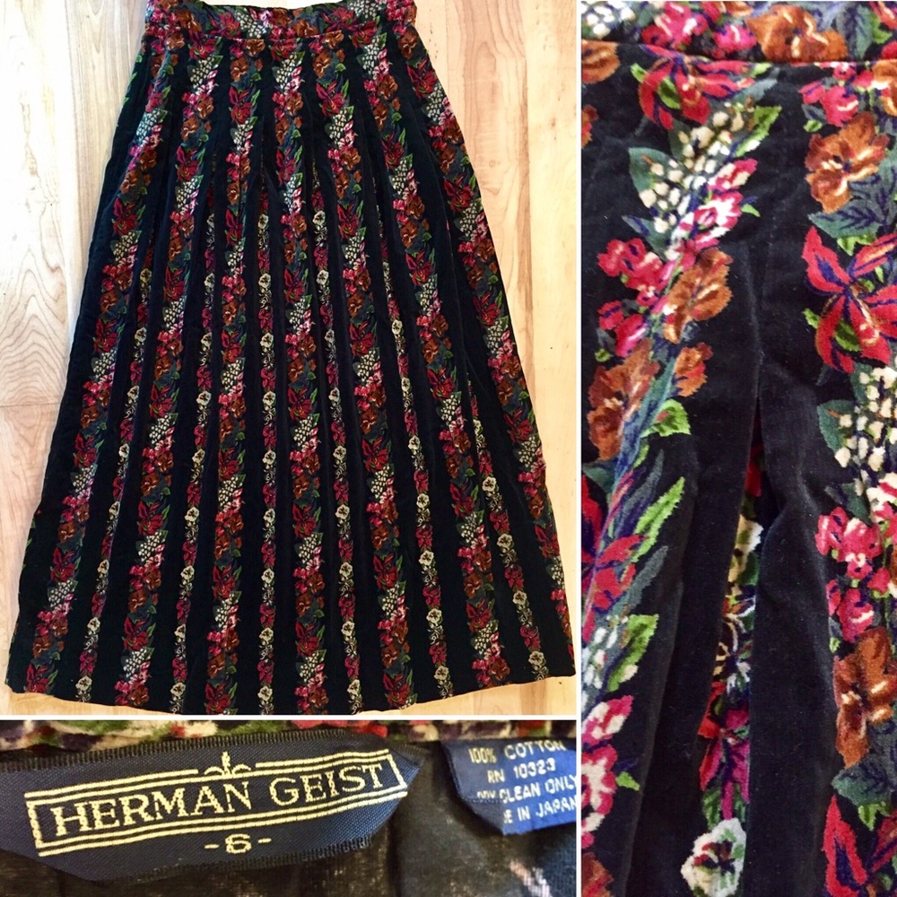 Vintage Herman Geist Velvet Floral Boho Skirt 6