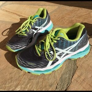 Lime green, white, grey, and light blue asics