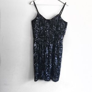 Express sequined spaghetti strap cocktail dress.