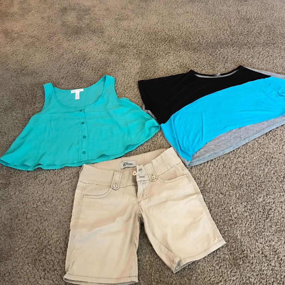 TWO CROP TOPS & GUESS SHORTS