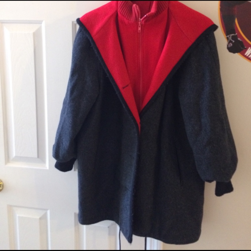 Woman's coat gray outside and red on inside