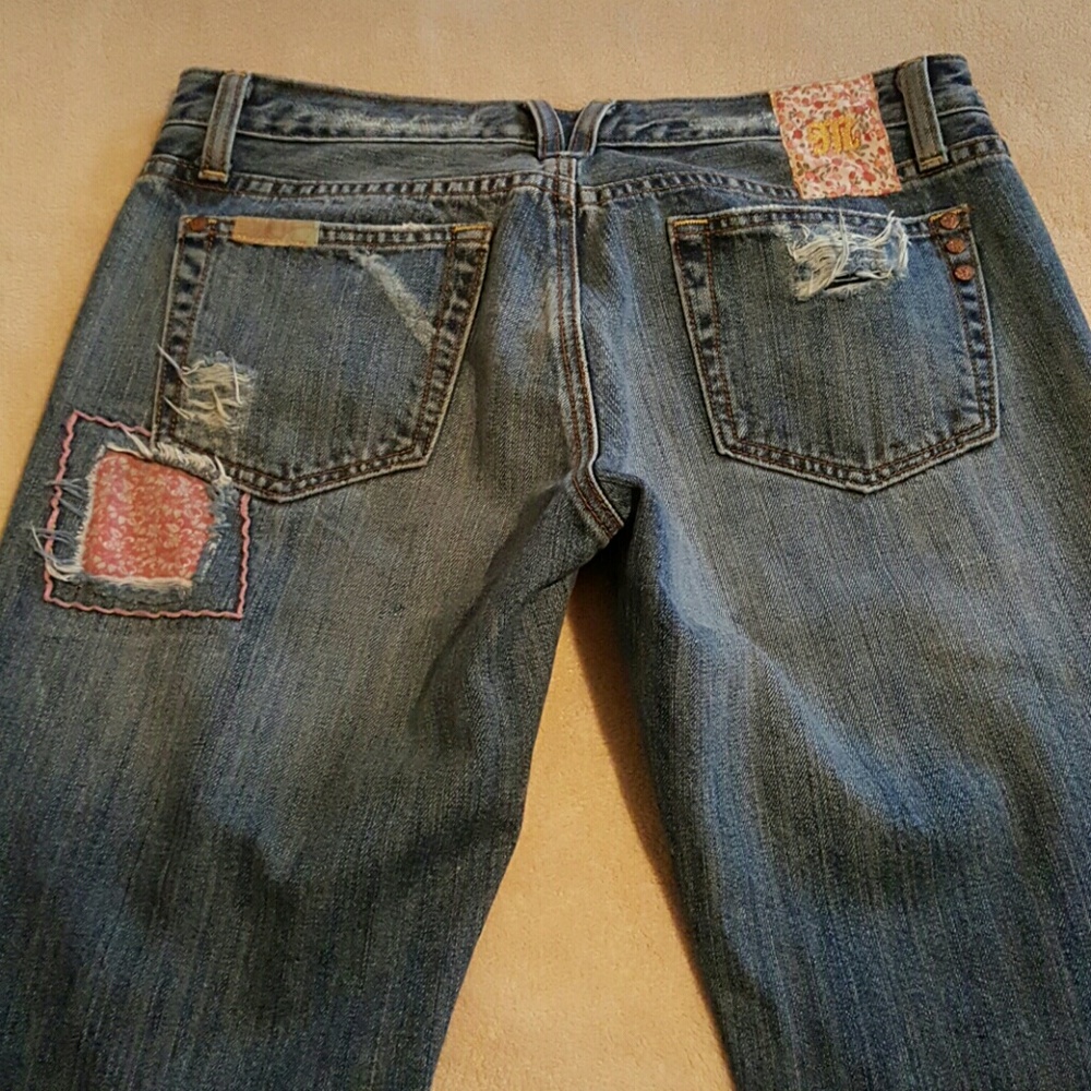 EUC Miss Me patchwork & destructed jeans, 28 x 34"