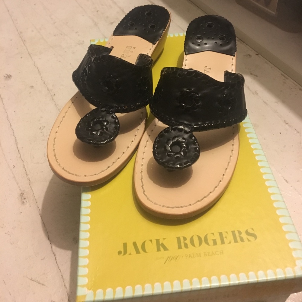 Jack Rogers Size 6.5 Black Palm Beach Mid Wedge EC