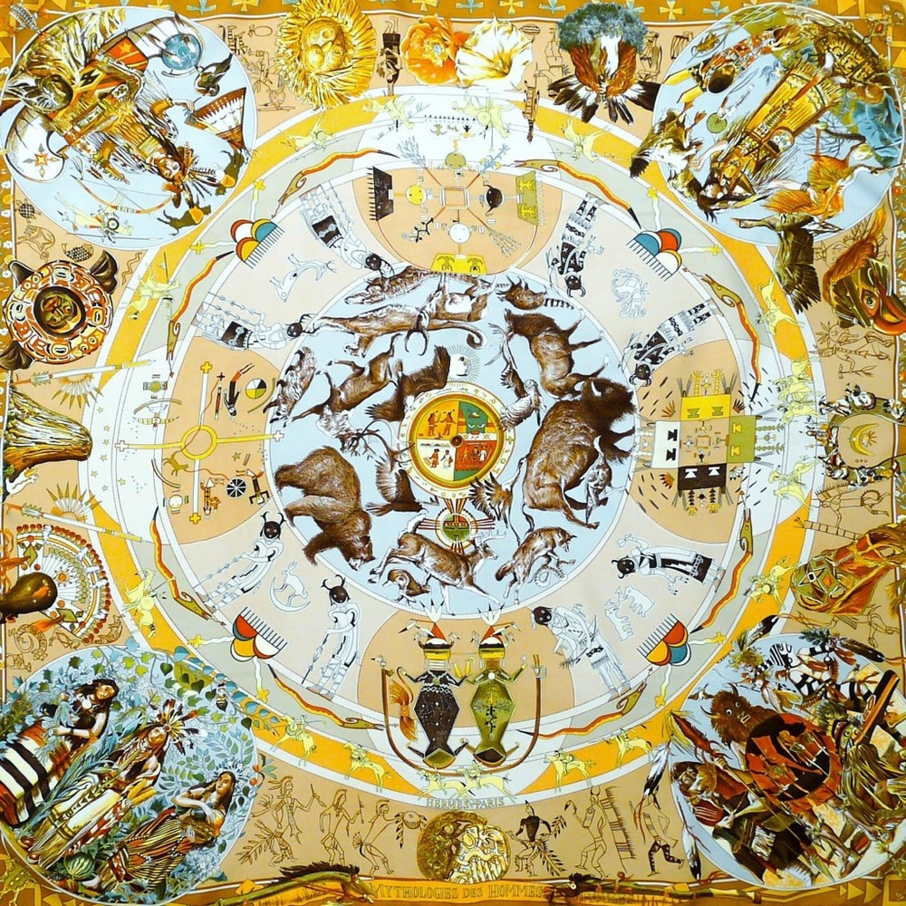 SOLD: 90cm Silk Scarf Les Mythologies des Hommes Rouges