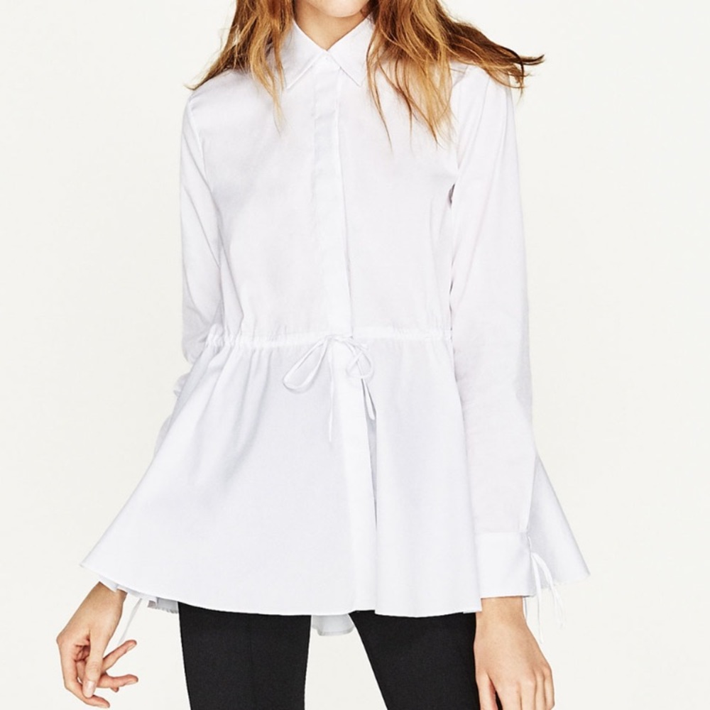 Zara drawstring pin tuck poplin blouse