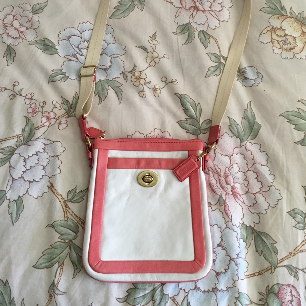 Women's Pink and White Leather Coach Crossbody Bag