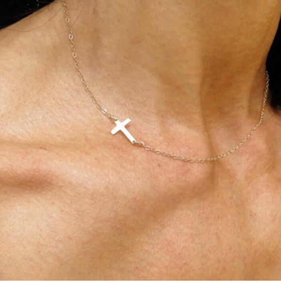 GOLD Sideways Cross Dainty Pendant Necklace - Picture 2 of 4