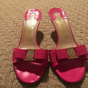 Ferragamo pink heeled slides