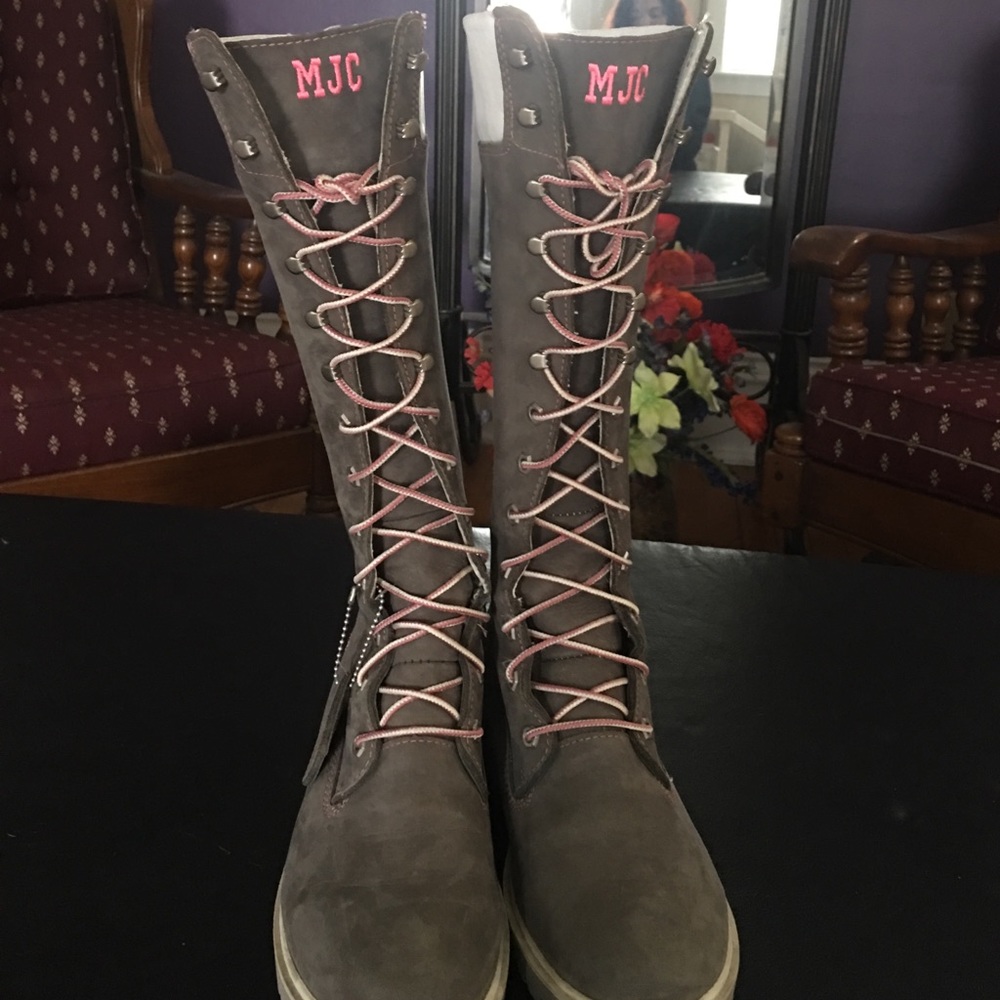 Timberland Tall Grey Suede and Pink Boots 8.5