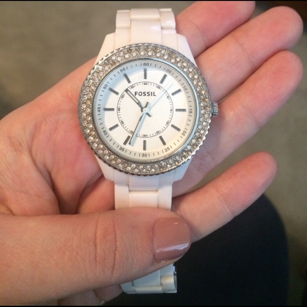 Fossil white and rhinestone watch