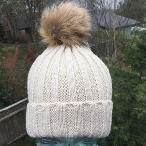 Fur Pom Pom cream colored beanie NWT