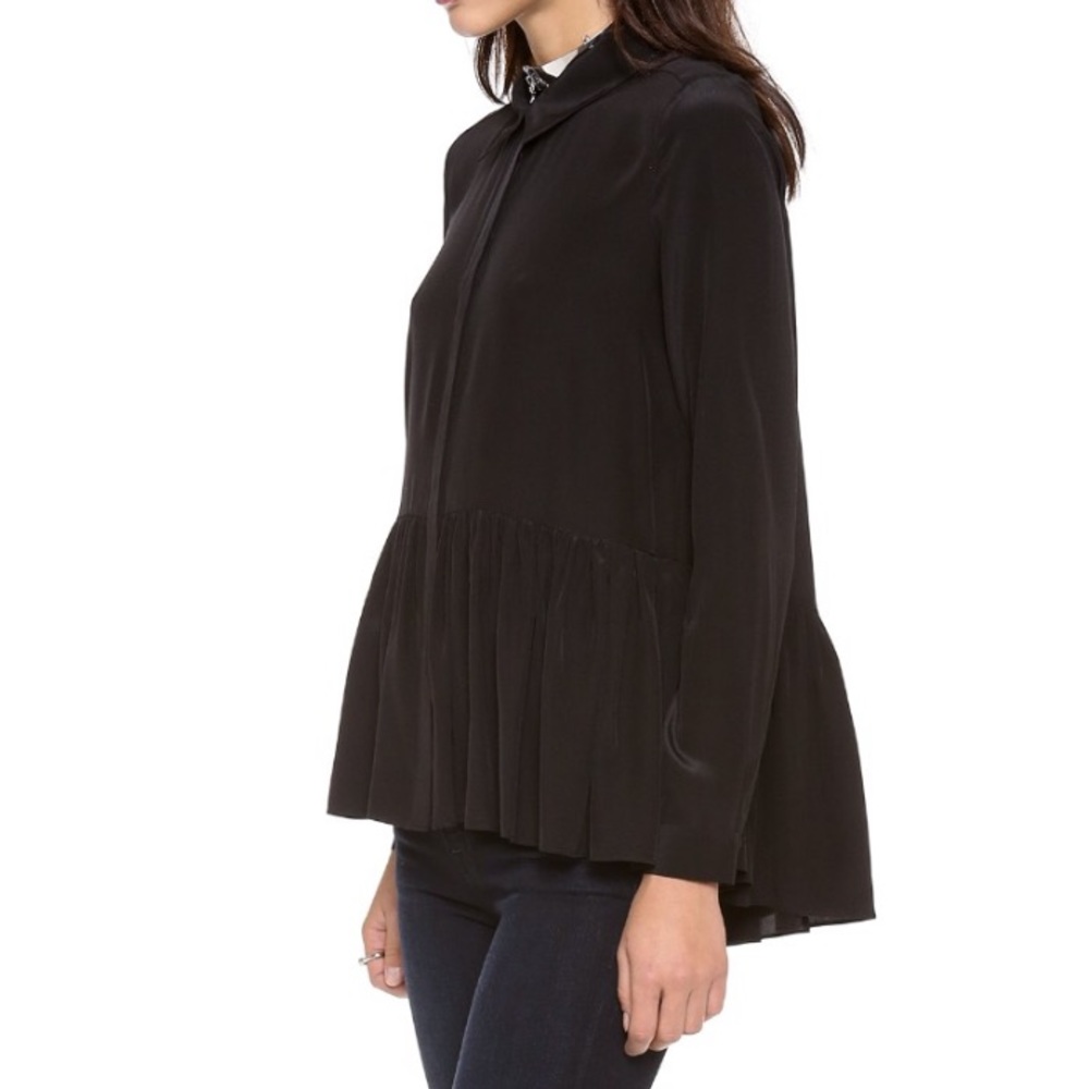 Tibi Silk A-Line Pleated Black Button-Up Blouse